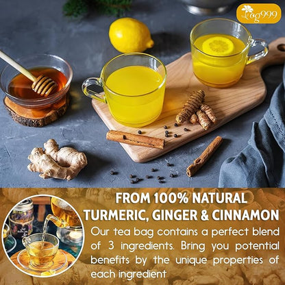 60 Bags Premium Turmeric Ginger Cinnamon Tea, Improve Digestion, Support Brain, Weight, Skin and Sleep, Eco-Conscious Tea Bags and Premium Natural Ingredients. Turmeric Ginger Herbal Tea. No Sugar, No Caffeine, No Gluten, Vegan.
