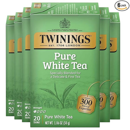 Twinings Pure White Tea Individually Wrapped Bags, 20 Count (Pack of 6), Light & Fresh, Caffeinated, Enjoy Hot or Iced, 120 Teabags