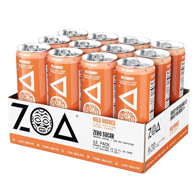 ZOA Zero Sugar Energy Drinks, Wild Orange - Sugar Free with Electrolytes, Healthy Vitamin C, Amino Acids, Essential B-Vitamins, and Caffeine from Green Tea - 12 Fl Oz (12-Pack)
