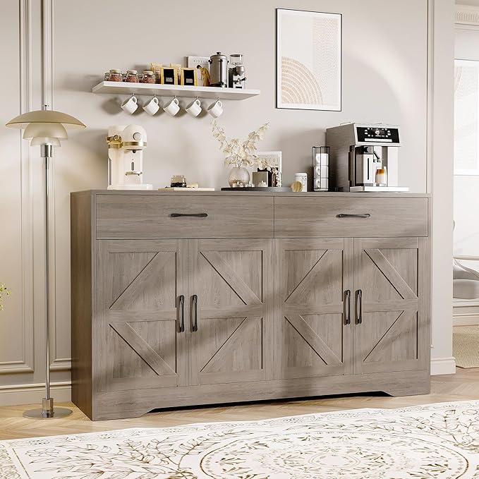 55" Sideboard Buffet Cabinet with Storage, Large Kitchen Storage Sideboard with Drawers & Doors, Modern Wood Farmhouse Coffee Bar Cabinet, Buffet Table for Kitchen, Dining Room, Living Room, Dark Wood