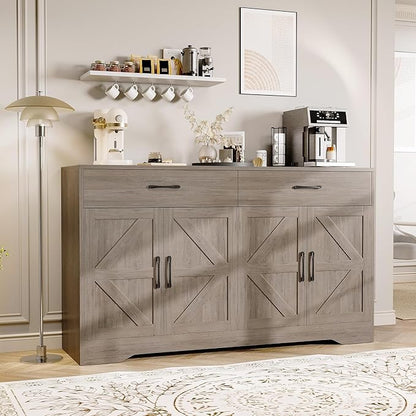 55" Sideboard Buffet Cabinet with Storage, Large Kitchen Storage Sideboard with Drawers & Doors, Modern Wood Farmhouse Coffee Bar Cabinet, Buffet Table for Kitchen, Dining Room, Living Room, Dark Wood