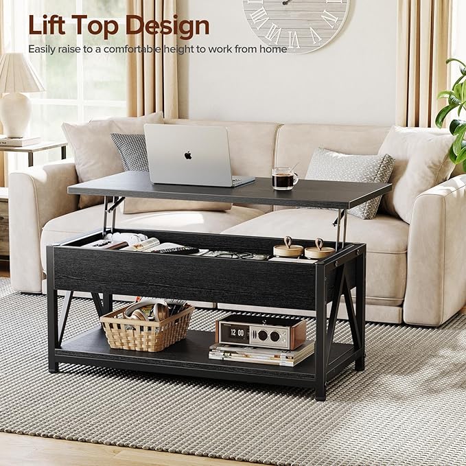 Lift Top Coffee Table,Lift Coffee Tables with Storage Shelf and Large Hidden Compartment for Living Room,Lifting top Coffee Table for Small Space,Black