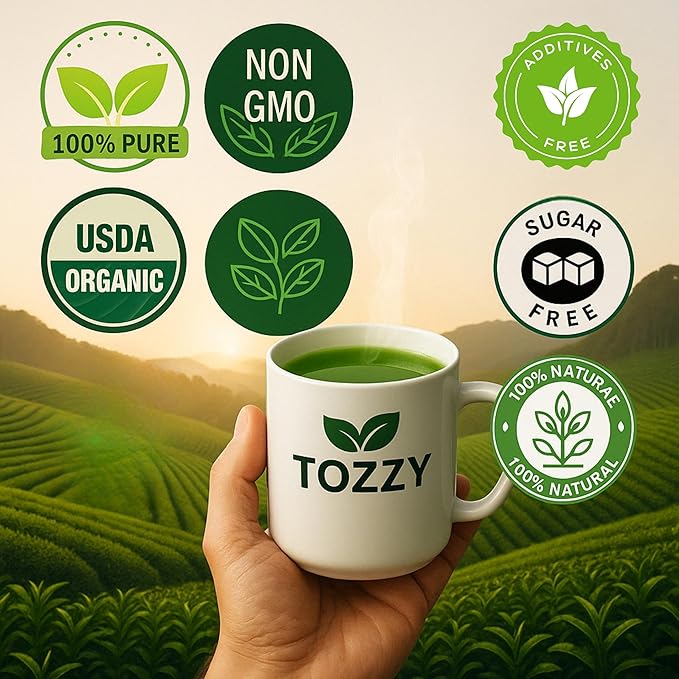 Tozzy Organic Matcha Green Tea - 100 Count | Pyramid Tea Bags (Plant-Based & Eco-conscious) | Ceremonial Matcha + Whole Leaf Sencha | Pure Ingredients