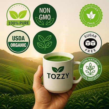 Tozzy Organic Matcha Green Tea - 100 Count | Pyramid Tea Bags (Plant-Based & Eco-conscious) | Ceremonial Matcha + Whole Leaf Sencha | Pure Ingredients