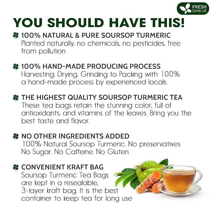 FreshDrinkUS, Premium 60 Soursop Turmeric Tea Bags, 100% Natural, Blend of Soursop Leaves, and Turmeric Root. Made with Natural Material Tea Bags. No Sugar, Vegan.