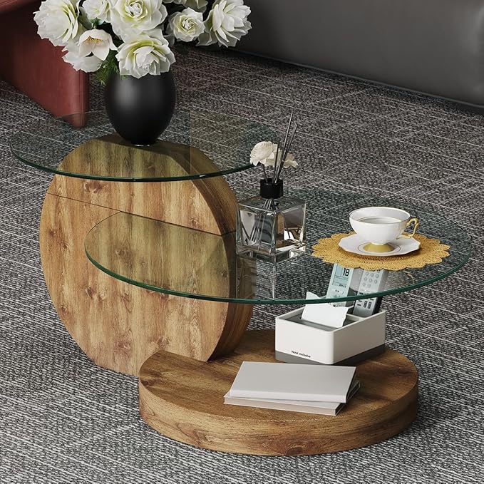 35 Inch Glass Coffee Table，Round Coffee Table with 2-Tier Tempered Glass Tabletop，Easy to Clean Circle Coffee Table with Sturdy Base for Living Room，Office （Brown Colored Base）