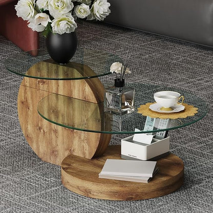 35 Inch Glass Coffee Table，Round Coffee Table with 2-Tier Tempered Glass Tabletop，Easy to Clean Circle Coffee Table with Sturdy Base for Living Room，Office （Brown Colored Base）