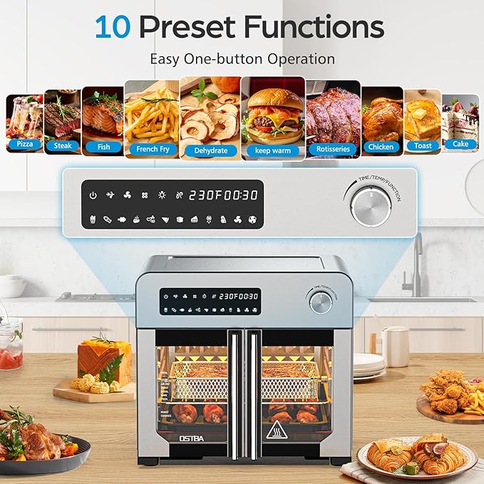 OSTBA French Door Air Fryer Toaster Oven Combo, Airfryer Convection Oven Countertop 10-in-1 Combo, 30% Faster 90% Less Oil, 102 Recipes & 7 Accessories Included 24 QT Stainless Steel