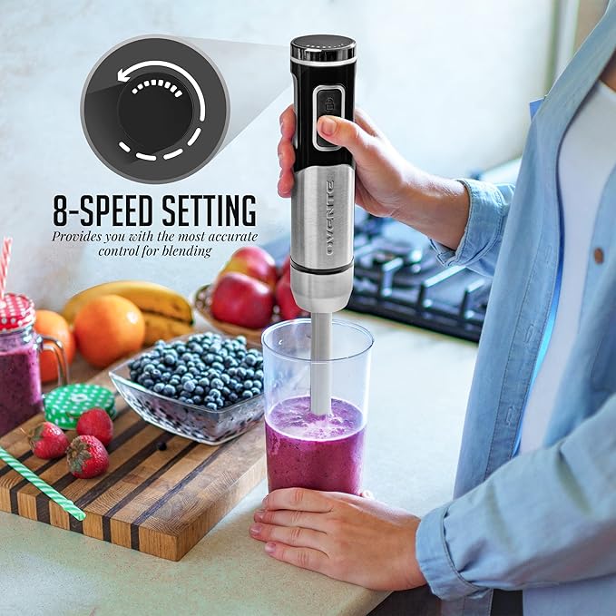 OVENTE Cordless Immersion Hand Blender, Rechargeable Handheld Portable Stick Mixer with 8 Mixing Speed Option, One-Touch Control and Stainless Steel Blades for Smoothies, Shakes or Soups, Black HR981B