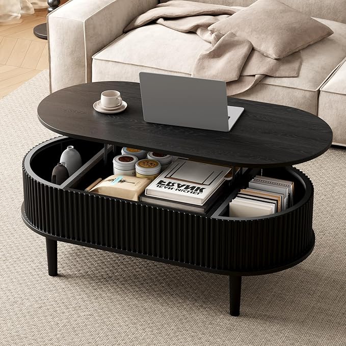 BREEZEHEAT Fluted Lift Top Coffee Table, 39" Black Modern Oval Coffee Table with Storage, Hidden Compartment & Fully Assembled Centre Table, Lift Tabletop for Living Room, Home Office, Small Space