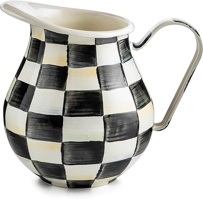 MACKENZIE-CHILDS Enamel Pitcher with Spout for Water, Cut Flowers, and Home Decor, 3 Quarts, Black-and-White Courtly Check