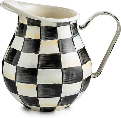 MACKENZIE-CHILDS Enamel Pitcher with Spout for Water, Cut Flowers, and Home Decor, 3 Quarts, Black-and-White Courtly Check