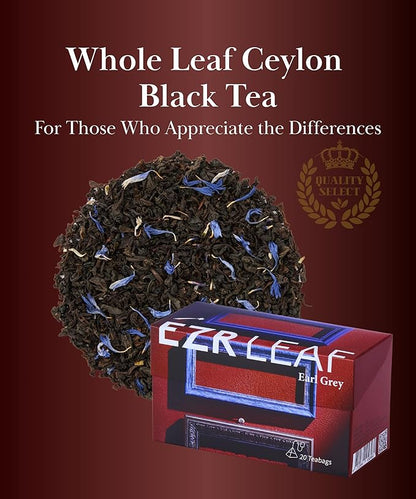 ERZ Leaf Earl Grey Ceylon Black Tea Premium Whole Leaf with Bergamot & Cornflower Blend, 20 Pyramid Tea Bags 2.1 Once, Gift Box Ready, Elegant Aroma, Smooth Flavor