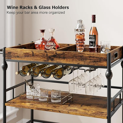 Bar Cart, Bar Carts for The Home, 3 Tier Serving Cart with Wheels, Home Bar & Serving Carts, Metal Rolling Cart with Wine Rack & Removable Tray for Kitchen, Dining Room, Living Room-Retro Brown