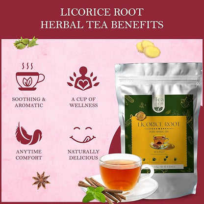 Tealeaf & Co. Licorice Root Tea Blended with Organic Spices - Pure Herbal Tea Bags with Cardamom, Ginger, Cinnamon Sticks & Licorice Root Extract - Low Caffeine - Gluten Free - 50 Teabags