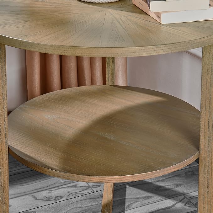 PADMA HOUSE 25" Round Wood End Table, 2-Tier Solid Wood Rounded Accent Side Table Circle Nightstand Table with Storage Shelf Vintage Furniture for Home Living Room Bedroom,Rustic Natural 3338