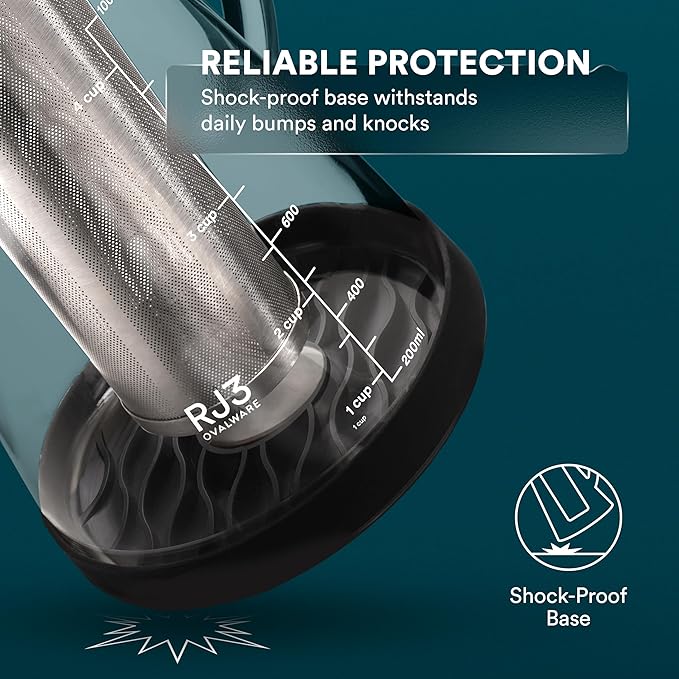 OVALWARE Airtight Cold Brew Iced Coffee Maker Pitcher and Tea Infuser with Spout - 1.0L / 34oz Ovalware RJ3 Brewing Glass Carafe with Removable Stainless Steel Filter