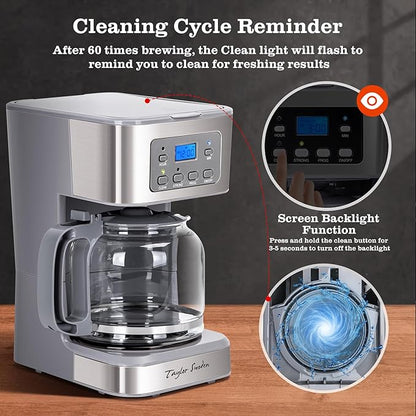 Taylor Swoden 12-Cup Programmable Coffee Maker, Regular & Strong Brew Drip Coffee Machine for Home and Office, Glass Carafe, Pause & Serve, Auto Shut Off, Gray & Stainless Steel