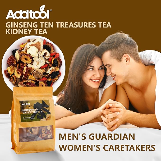 Addtool Maca Ginseng Power Blend Tea，Ginseng-Infused ten Treasure Kidney Tea , for Women & Men。with,Reishi Red Date Wolfberry Mulberry Cassia seed，Premium (180 grams / 15 packs) Each tea bag can be steeped multipletimes.