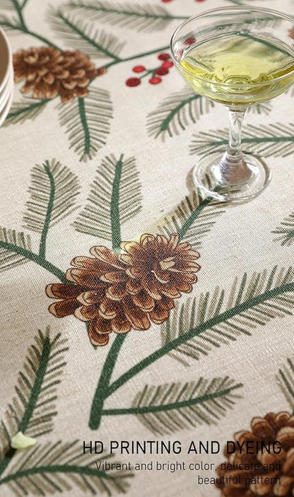 Designer Christmas Beige Linen Small Rectangular Tablecloth,Pinecones Pattern Indoor Tablecloths,Washable Decor Table Cloth for Dining Thanksgiving Kitchen Christmas,55"*71"-Carol B