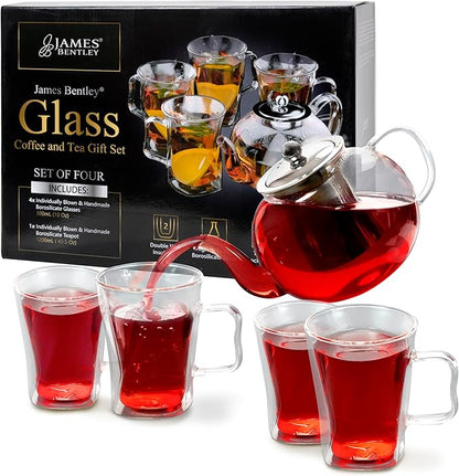 40 Oz Unique Glass teapot Set with 4 double wall insulated Cups, Tea Kettles for Stovetop With Infusers For Loose Tea, Perfect Mom Gift