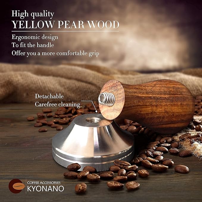 KYONANO Espresso Tamper 51mm - Coffee Tamper with Dalbergia Odorifera Handle - Espresso Press Hand Tamp PLUS Free Milk Frothing Pitcher 12oz/350ml, Silicone Tamper Mat - Fits 51mm Delonghi Portafilter