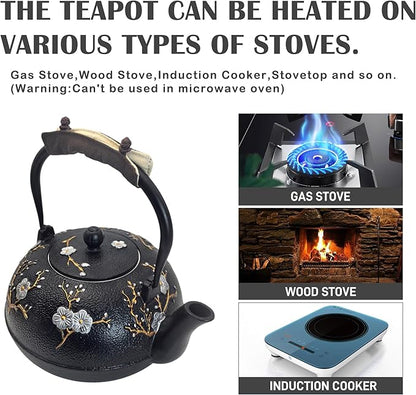 Cast Iron Teapot SECHUDO Teapot for Stovetop Safe Coated with Enameled Interior,Japanese Beautiful Tea Kettle with Stainless Steel Infuser for Loose Tea (60.9oz Plum Blossoms and Bird Pattern)