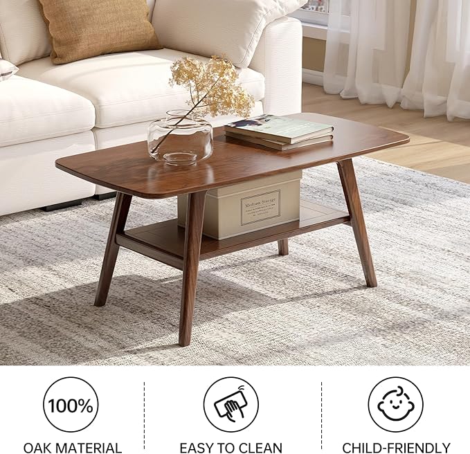 100% Solid Wood Coffee Table for Living Room, 39.37" Mid Century Modern Tables with Shelf Storage, 2-Tier Coffee Table with Rounded Corners (Oak Wood Walnut Color, 39.37" L)