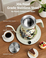 Load image into Gallery viewer, 0.8L Gooseneck Electric Kettle, Precise Temperature Control for Pour Over Coffee &amp; Tea, 1200W Fast Boiling Water, Auto Shut Off, Scheduling, Stainless Steel, Floral Painted Design