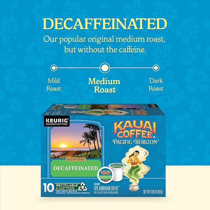 Kauai Coffee K-Cup Pods for Keurig Brewers – Arabica Coffee, 10% Hawaiian – Medium Roast, Bright Aroma with Floral Notes – Decaf, 1 Pack of 10 Single Serve K-Cups