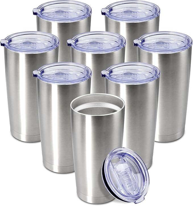 20 oz Tumbler Coffee Tavel Tumblers Bulk with Lid Stainless Steel Double Wall Vacuum Insulated Mug Powder Coated Cups fit Car Cupholder for Hot and Cold - Stainless Steel, 8Pack