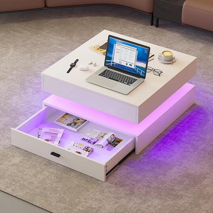 LED Coffee Table for Living Room - 2-Tier Modern High Gloss Square Table with Storage Drawers, 24-Color Adjustable Lights, Contemporary Wood Tea Tables for Home Office & Waiting Room,White