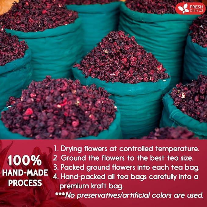 FreshDrinkUS, Premium 40 Hibiscus Flowers Tea Bags, 100% Natural, Pure from Hibiscus Flowers. Loose Flower Herbal Tea. No Sugar, No Caffeine, No Gluten, Vegan.
