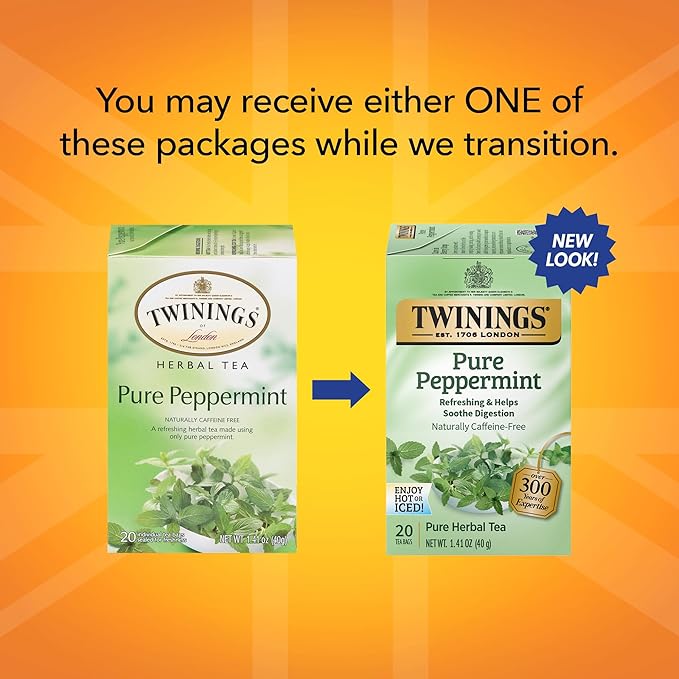 Twinings Pure Peppermint Individually Wrapped Tea Bags, 20 Count (Pack of 1), Fresh Minty Flavour, Naturally Caffeine Free, Enjoy Hot or Iced