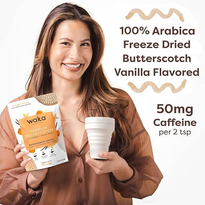 Waka Premium Instant Coffee — Butterscotch Vanilla Flavored — 100% Arabica Freeze Dried Beans — For Hot or Iced Coffee (3.5 Ounces Pouch)