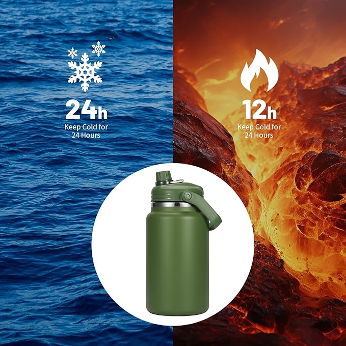 1 Gallon Thermosflask with Straw, 135oz Stainless Steel Insulated Water Bottle，4L Oversized Double Wall Vacuum Jug with Handle for Hot Cold Drinks, Wide mouth Icebuckets for Hiking Sports(Green)