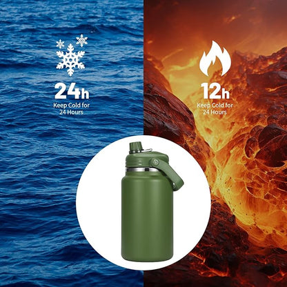 1 Gallon Thermosflask with Straw, 135oz Stainless Steel Insulated Water Bottle，4L Oversized Double Wall Vacuum Jug with Handle for Hot Cold Drinks, Wide mouth Icebuckets for Hiking Sports(Green)