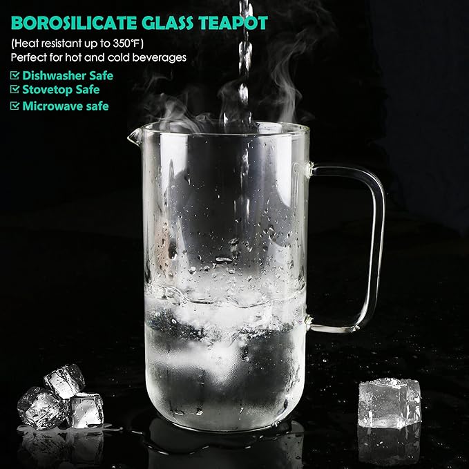 Aquach 51oz Glass Teapot with Stainless Steel Removable Infuser, Stovetop & Dishwasher Safe, Ideal for Loose & Blooming Tea Brewing