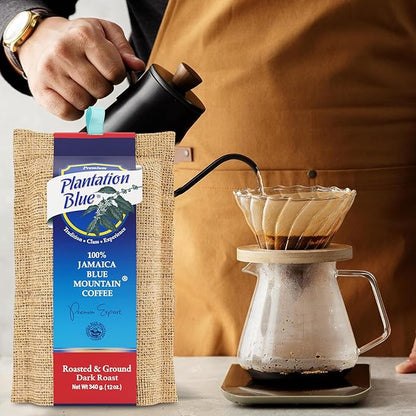 Plantation Blue 100% Blue Mountain Coffee, Dark Roast, Ground, Premium Jamaican Coffee, 12oz