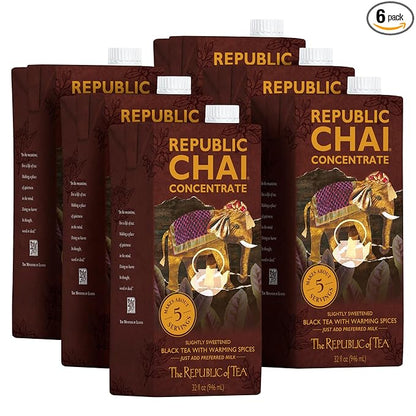 The Republic of Tea – Republic Chai Black Tea Concentrate, 6 Cartons – 32 fl oz (5 Servings), Chai Latte Mix, Naturally Caffeinated, Gluten Free