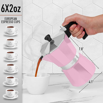 Zulay Moka Pot Espresso Stovetop Coffee Maker - Leak-Proof, Stainless Steel, Easy to Clean, Heat Resistant Handle & Knob - for Authentic Cuban & Italian Style Espresso - Makes 6 Espresso Cups - Pink