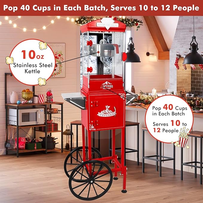 Popcorn Machine with Cart, Wheels & 10 Oz Kettle Popcorn Maker, Movie Theater Popcorn Maker Machine, Home Theater Popcorn Popper Measuring 3 Plastic Spoons