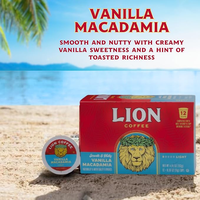 Lion Coffee Vanilla Macadamia Flavored Medium Roast Coffee Pods - Single-Serve Pods - Hawaiian Inspired Flavor - Arabica Coffee - Compatible with Single-Serve Brewing Systems - 12 Count Box