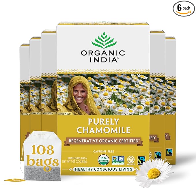 Organic India Purely Chamomile Tea- Regenerative Organic Chamomile Flowers, Caffeine Free, Calming & Relaxing Herbal Tea, Pure Chamomile, Natural Support for Sleep & Relaxation- 18 Tea Bags, Pack of 6
