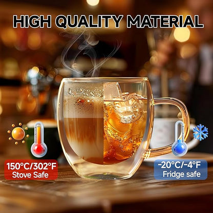 Set of 4 Double Walled Glass Coffee Mugs 8 Ounces Insulated Layer Coffee Cups with Handle Borosilicate Glass Espresso Cup for Hot Beverage,Cappuccino,Tea,Latte,Wine,Microwave Safe