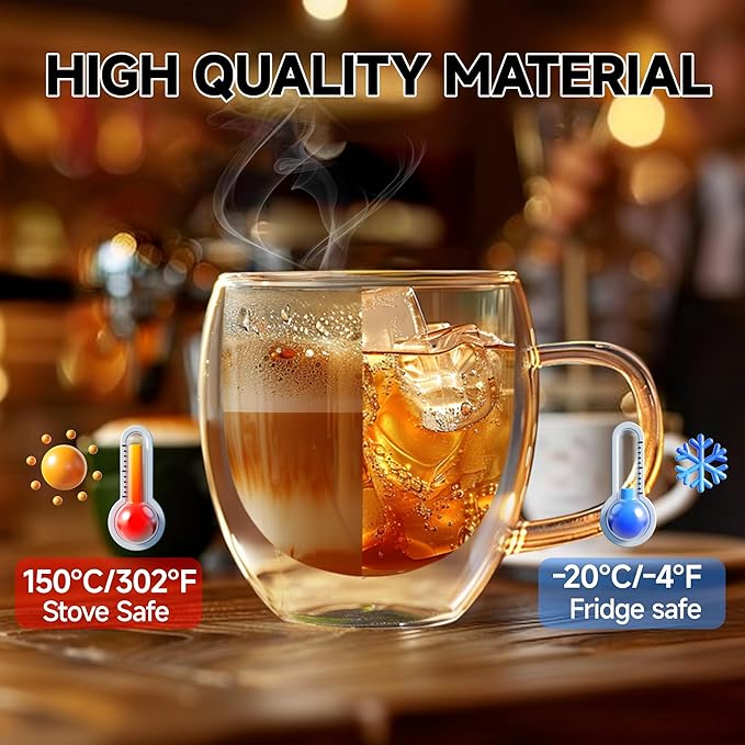 Set of 4 Double Walled Glass Coffee Mugs 6 Ounces Insulated Layer Coffee Cups with Handle Borosilicate Glass Espresso Cup for Hot Beverage,Cappuccino,Tea,Latte,Wine,Microwave Safe