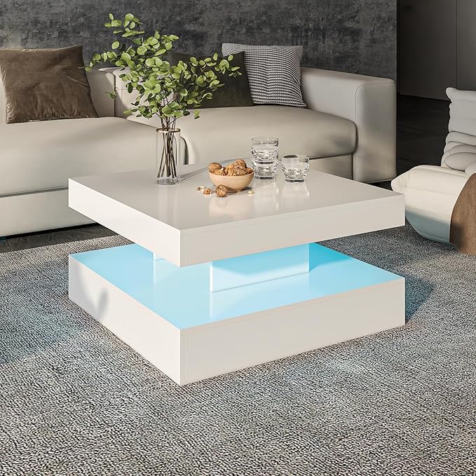 White LED Coffee Table for Living Room, 2-Tier Square Center Table Living Room Table, Modern High Glossy Contemporary Wood Coffee Tables with Storage, Suitable for Dining Reception