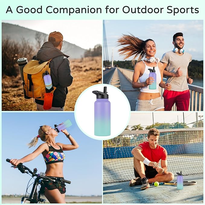 DOMICARE 40 oz Insulated Water Bottle Bulk, Vacuum Insulated Stainless Steel Sports Water Bottle with Straw Lid & Spout Lid, Leakproof, Reusable - Travel, Camping, Bike, Purple Green Gradient(4 Pack)