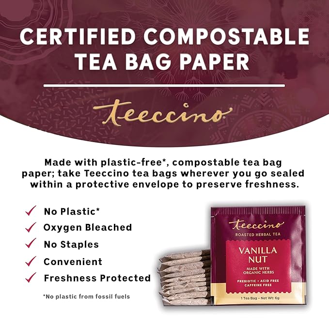 Teeccino Vanilla Nut Herbal Tea, 25 Tea Bags - Rich & Roasted Herbal Tea That’s Caffeine Free & Prebiotic for Natural Energy, 3X more Herbs, Acid Free, Great Hot or Iced