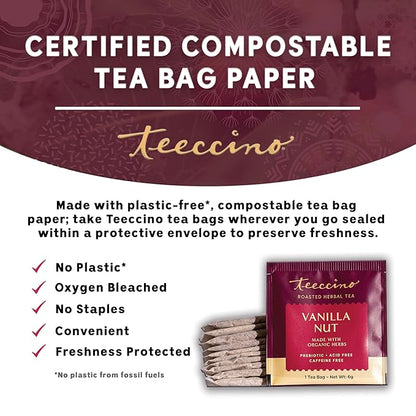 Teeccino Vanilla Nut Herbal Tea - Rich & Roasted Herbal Tea That’s Caffeine Free & Prebiotic for Natural Energy, 10 Tea Bags (Pack of 4)
